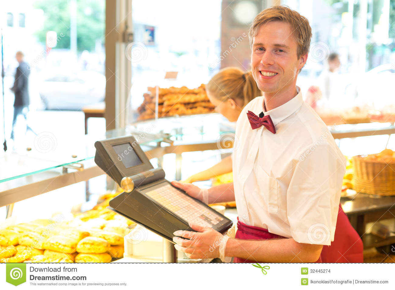 Cashier In Baker S Shop Posing With Cash Register Stock Images   Image