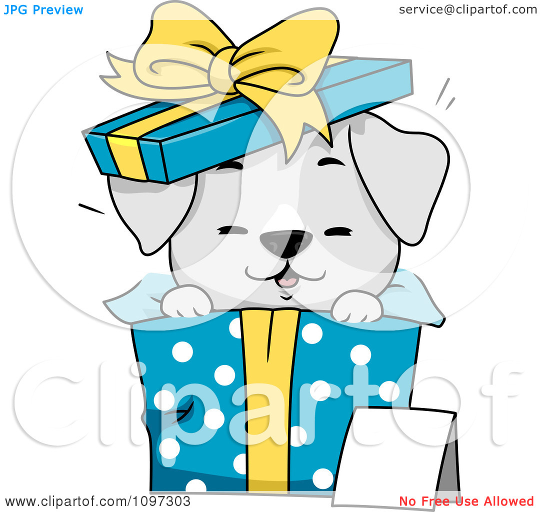 Clipart Cute Gray Puppy Popping Out Of A Polka Dot Gift Box   Royalty    