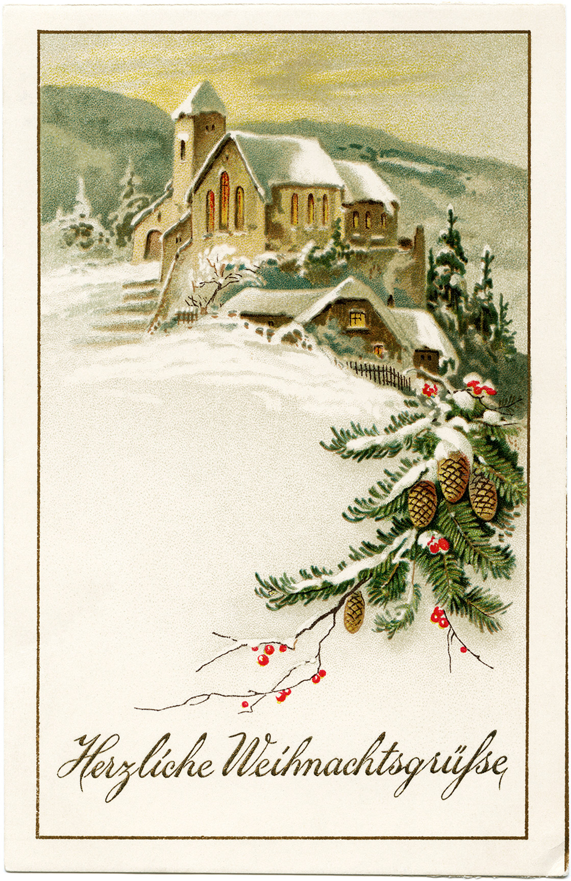 German Christmas Postcard Vintage Christmas Clip Art Snowy Winter    