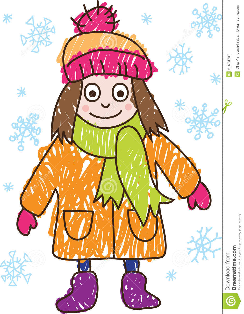 Little Girl In A Orange Coat And Green Scarf And A Cap With Big Pompon