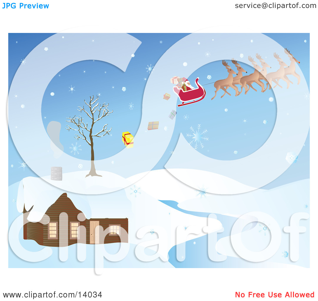 Reindeer Dropping Christmas Presents While Passing Over A House By A
