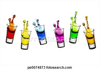 Stock Photo   Colorful Liqueur Spilling From Shot Glasses  Fotosearch