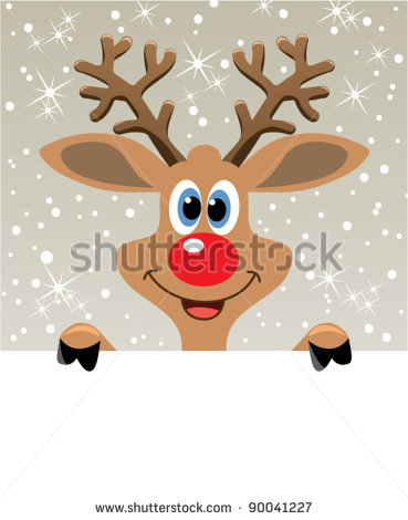 Vector Christmas Illustration Of Happy Red Nosed Reindeer Holding