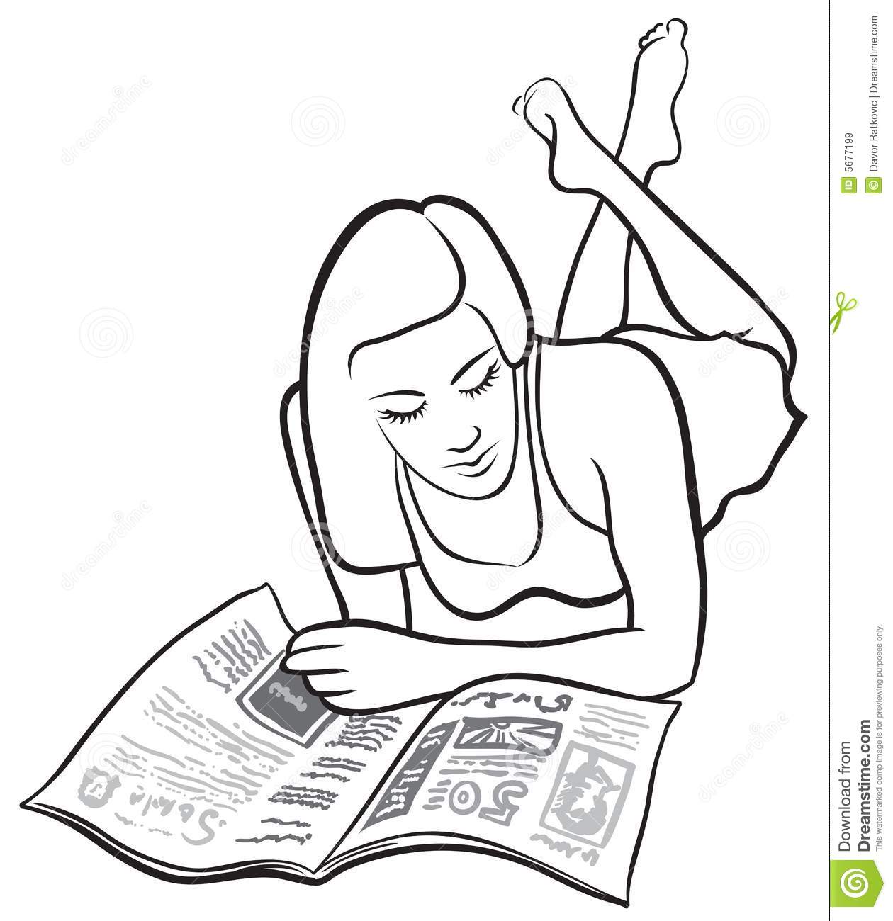 Black And White Vector Illustration  Girl Reading Magazine