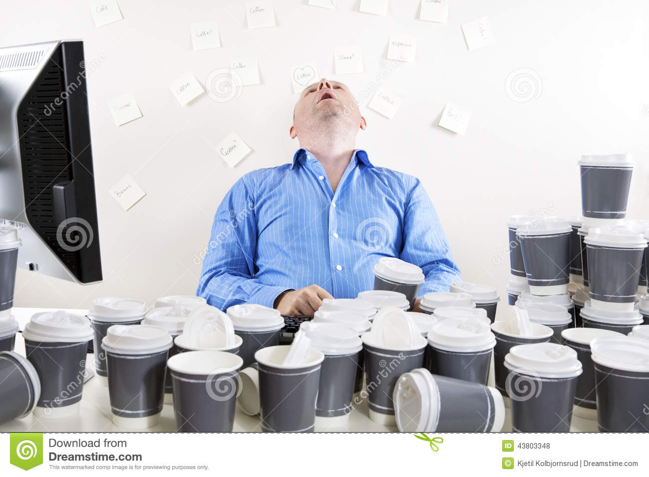 Exhausted And Tired Businessman With His Head Backwards  Many Notes In