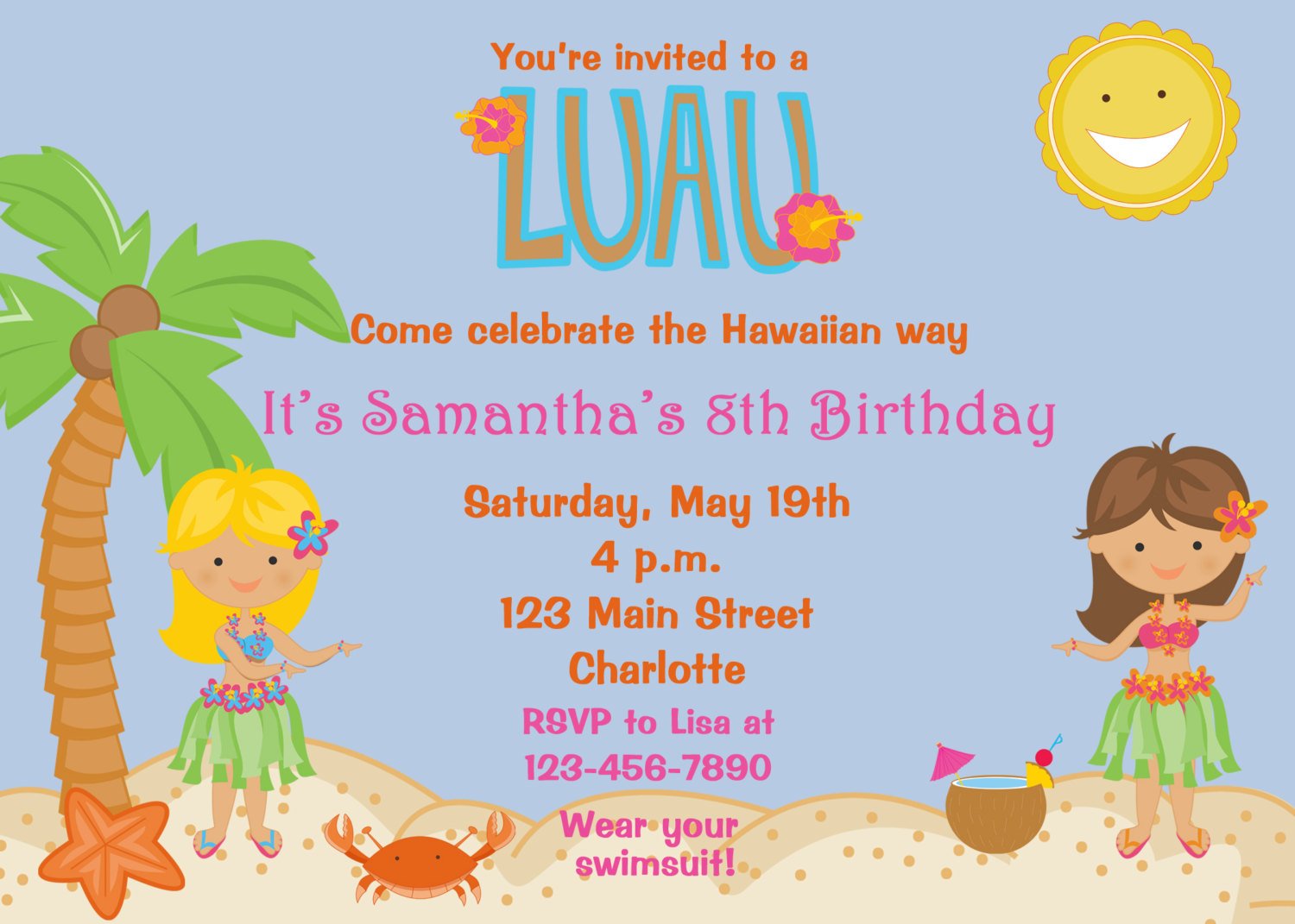 Luau Party Birthday Invitation Pool Party By Thebutterflypress