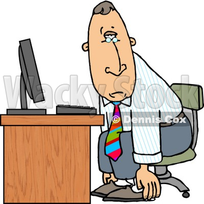 Tired Businessman Sitting At Computer Desk   Royalty Free Clipart    