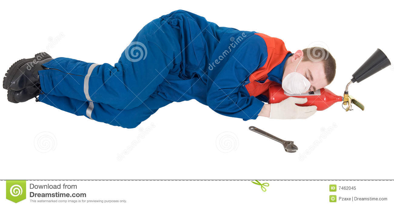 Tired Worker Sleeps On Fire Extinguisher On The White Background