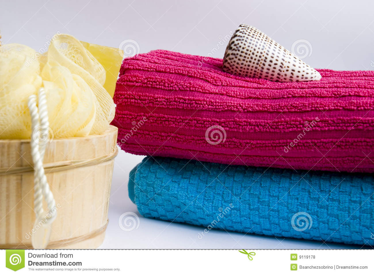 Towels Shell And Dry Leaves Along With Other Personal Hygiene Items
