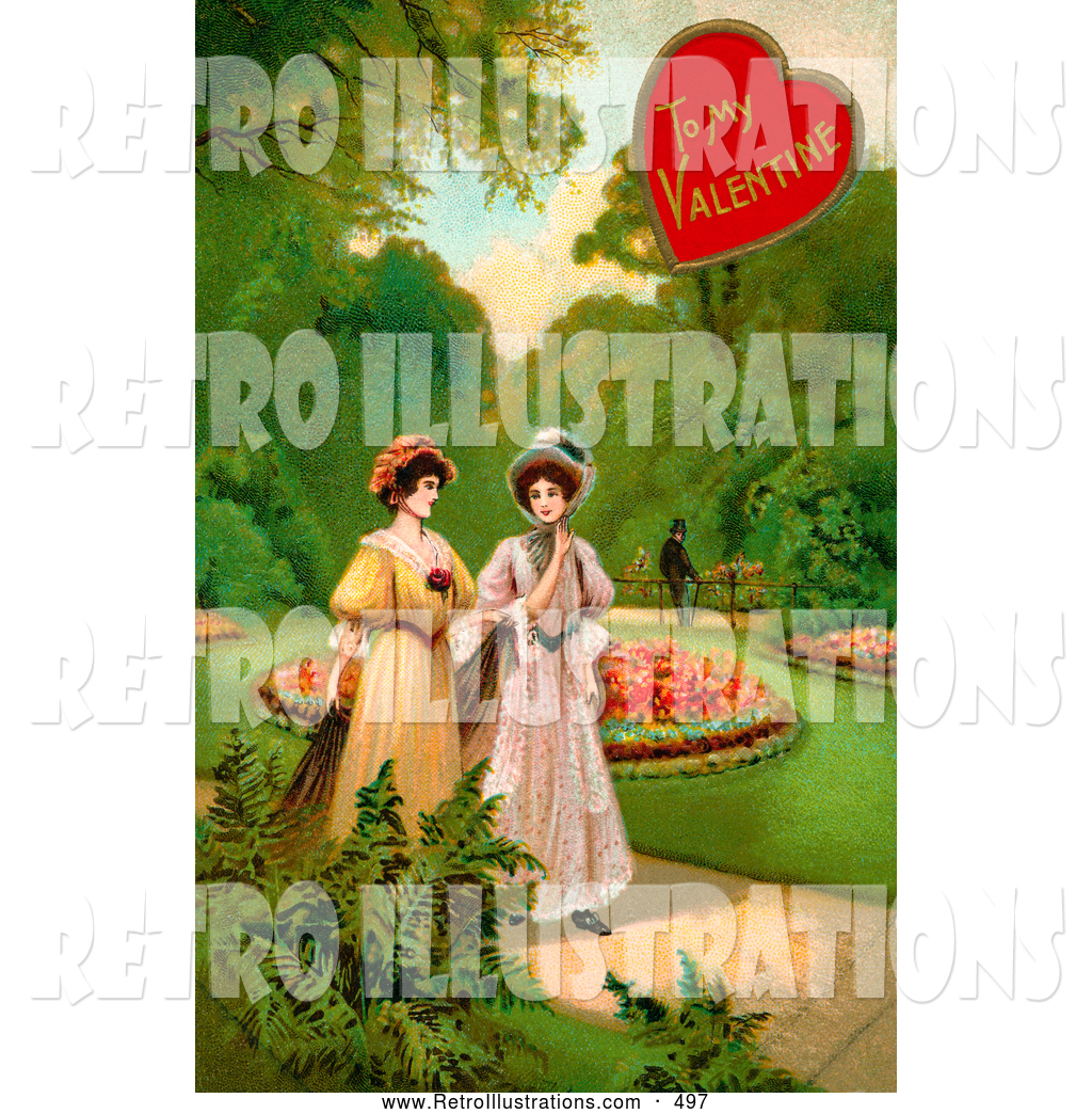 Vintage Valentine Painting Of Two Ladies Strolling Through A Garden