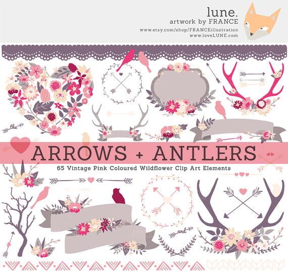 Wedding   Vintage Pink Wildflower Clipart Antlers Arrows Branches