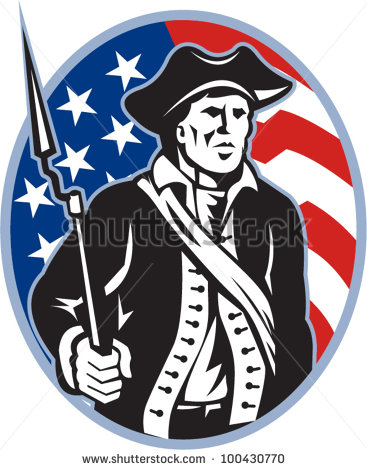 American Patriot Minuteman With Bayonet Rifle And Flag   Stock Vector