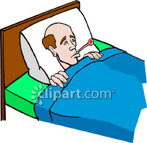 Sick Man With Thermometer In Bed   Royalty Free Clipart Picture
