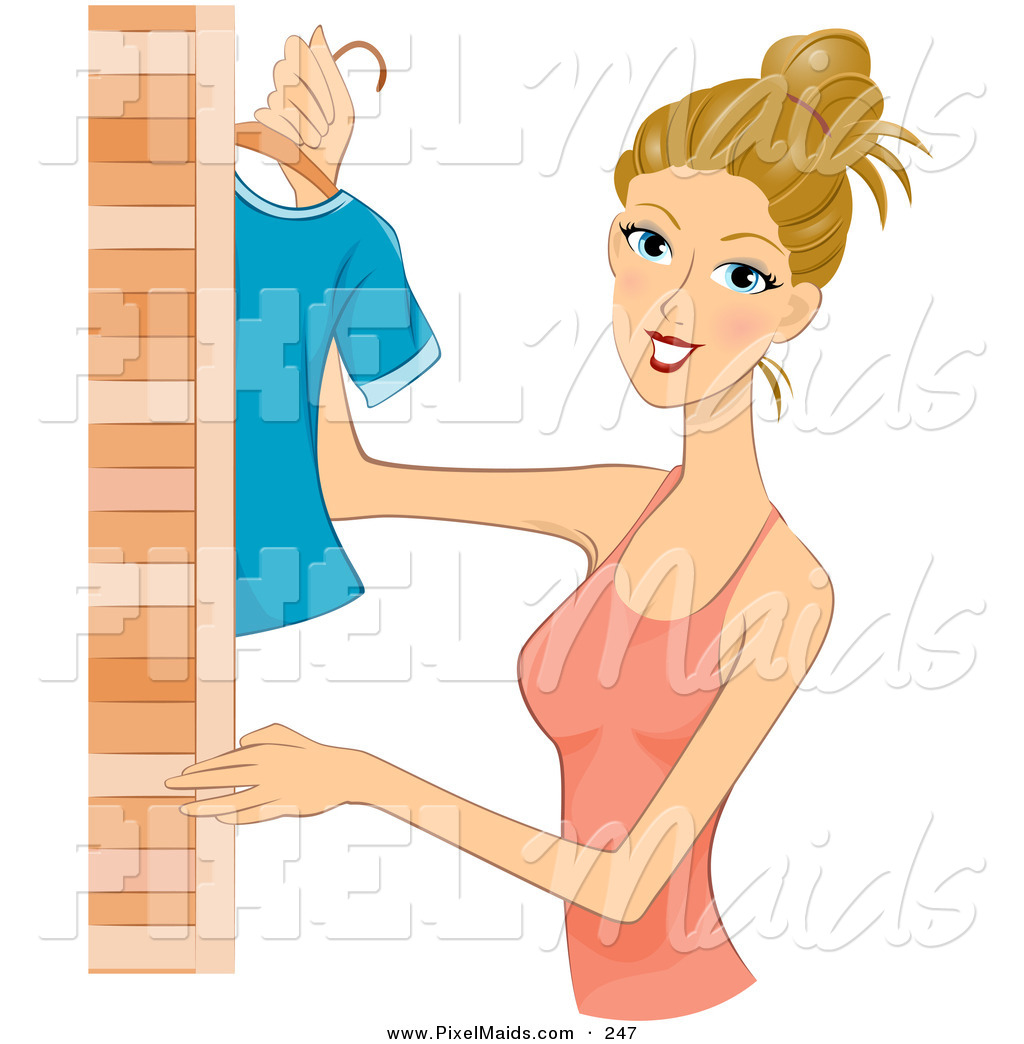   Clipart Of A Cheerful Dirty Blond Woman Hanging Clothes In A Closet    