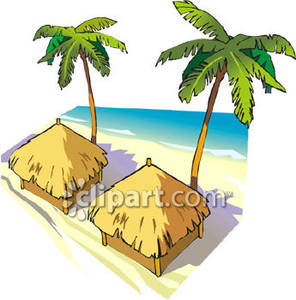 Grass Huts On A Tropical Beach With Palm Trees   Royalty Free Clipart