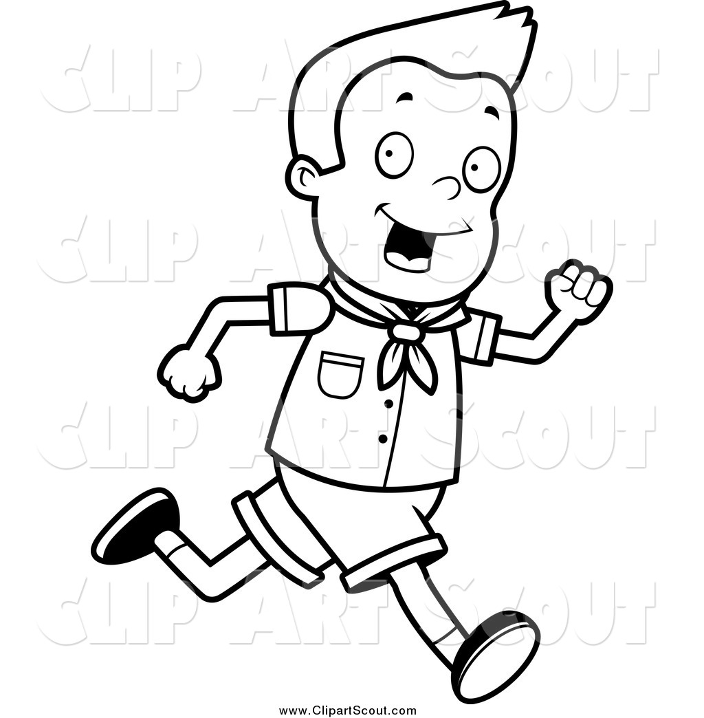 Larger Preview  Clipart Of A Black And White Cowboy Boy Scout Running    