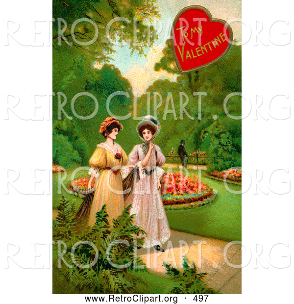 Retro Clipart Of A Old Fashioned Vintage Valentine Of Two Ladies