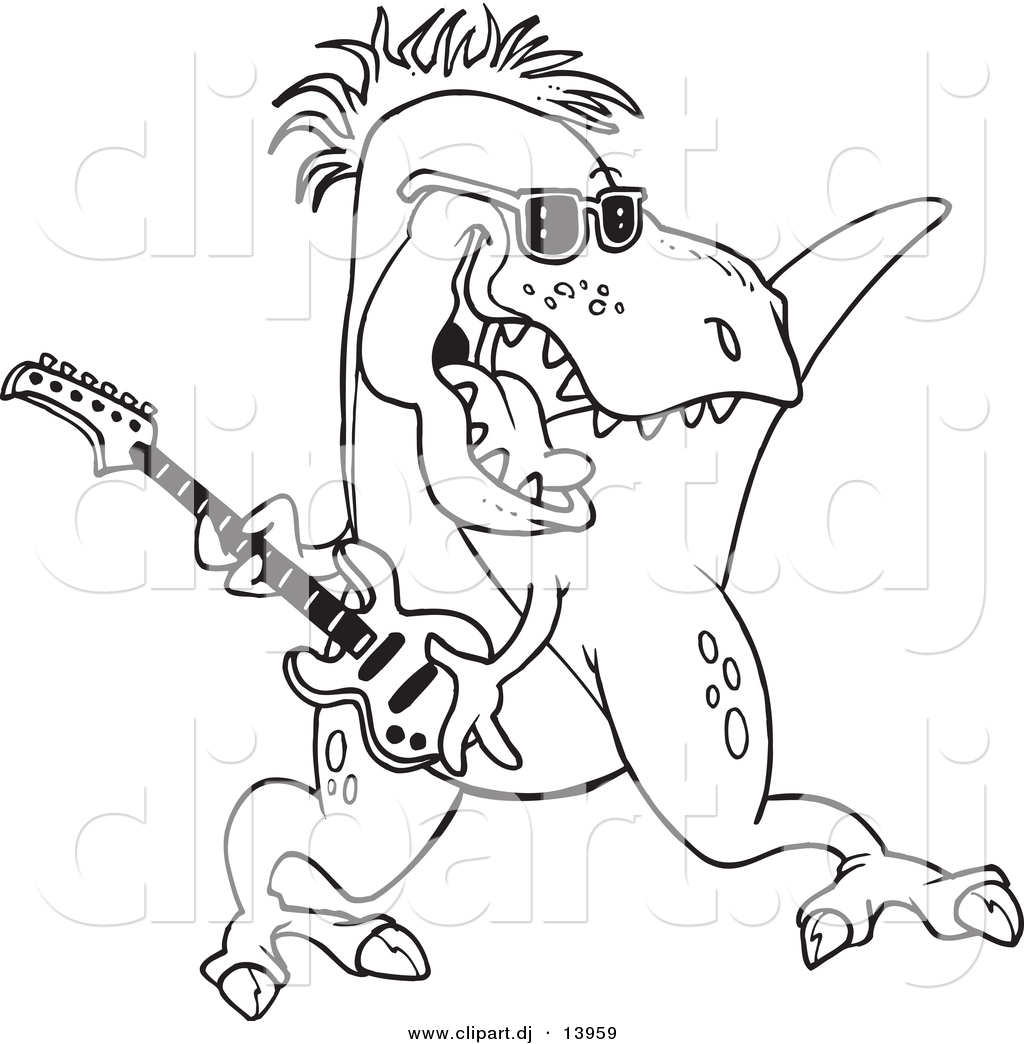 Cartoon Vector Clipart Of A T Rex Dinosaur Playing Guitar   Coloring