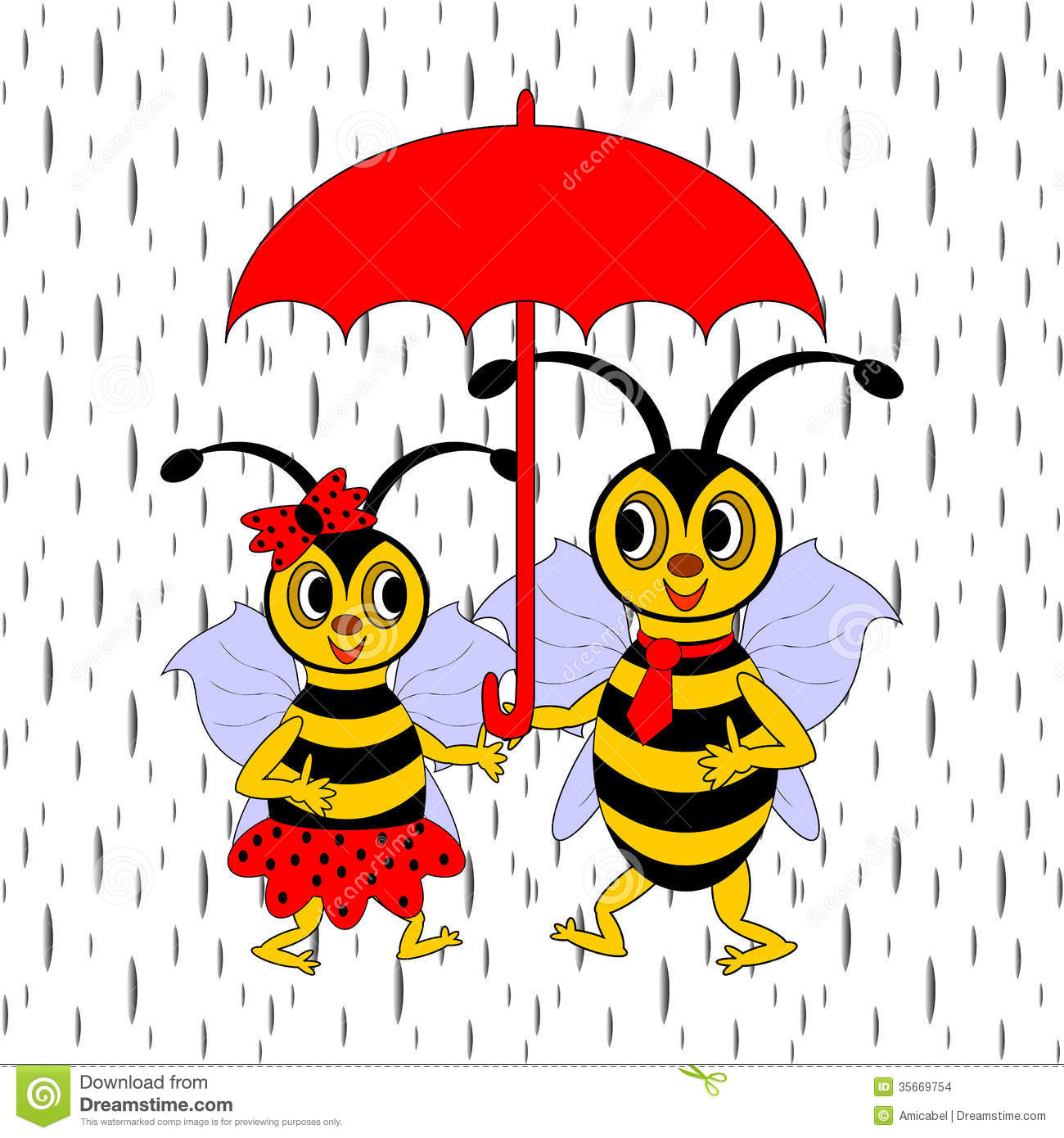 Couple Of Funny Cartoon Bees Under Red Umbrella Stock Images   Image    