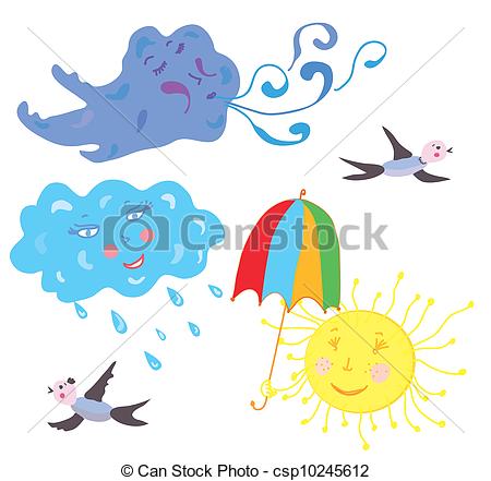 Stock Illustration   Sun Wind Rain Cloud Weather Funny Set   Stock