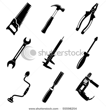 Tools As Black And White Drawings In This Vector Clipart Illustration