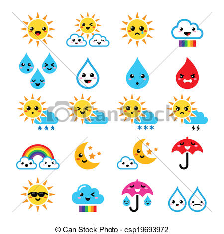 Vector   Cute Sun Rainbow Moon Rain Icons   Stock Illustration