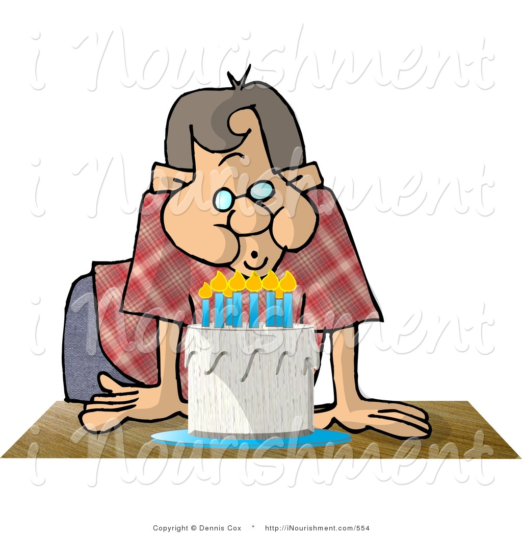Clipart Of A Birthday Boy Blowing Out Lit Candles On A Birthday Cake    