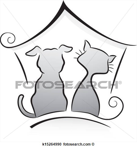 Illustration Of Cat And Dog Shelter Silhouette In Black And White