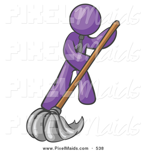 Clipart Of A Shiny Purple Man Wearing A Tie Using A Mop While Mopping