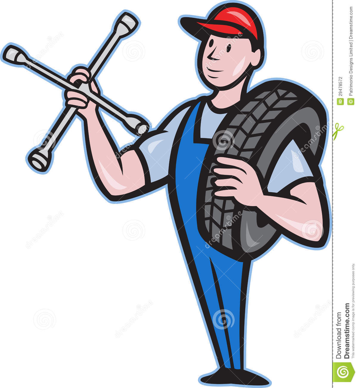 Illustration Of A Mechanic With Tire Socket Wrench And Tire Standing