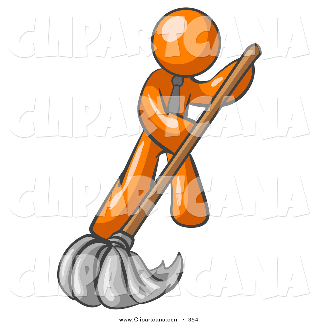 Vector Clip Art Of A Shiny Orange Man Wearing A Tie Using A Mop