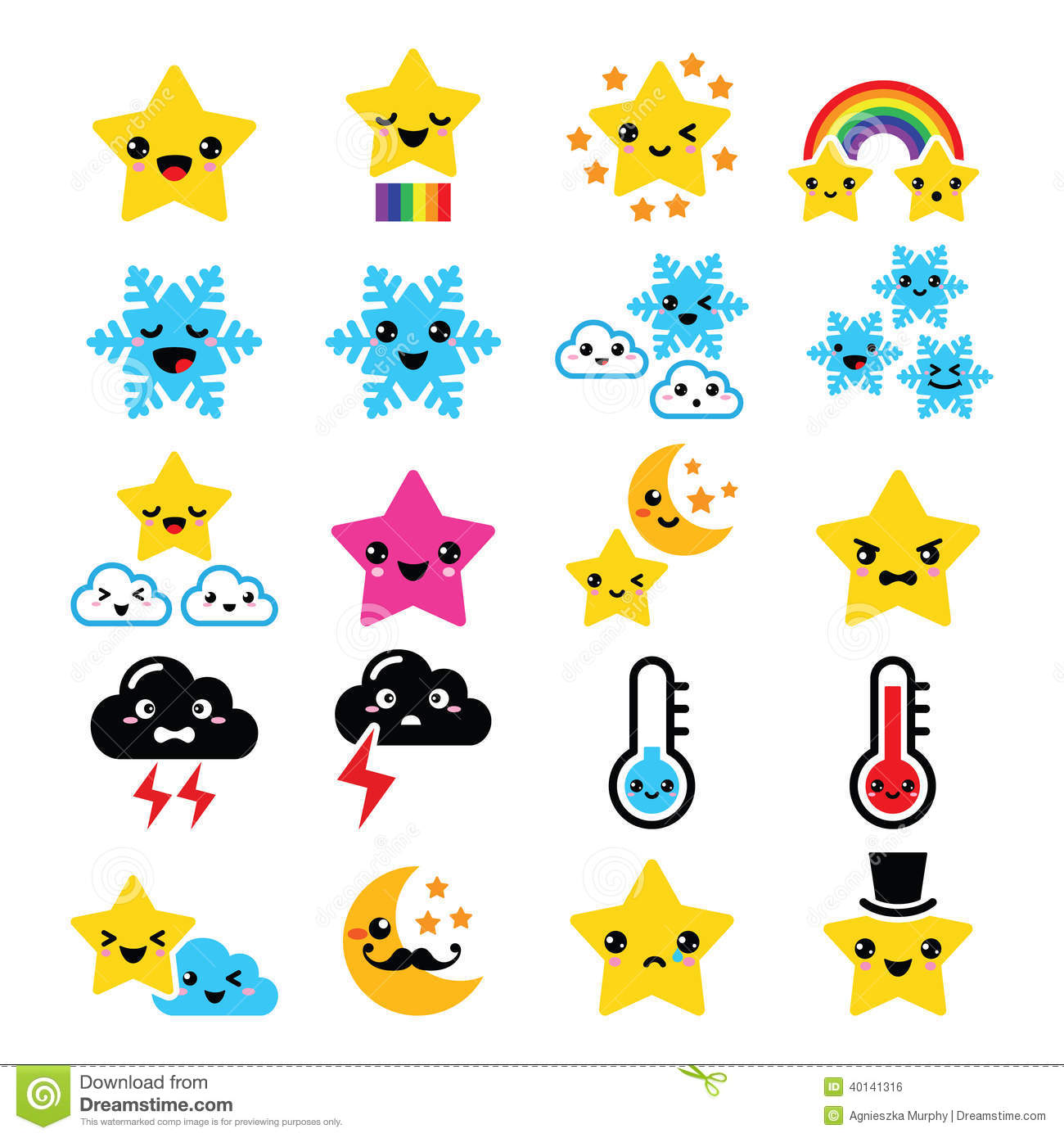 Cute Weather Kawaii Icons  Star Rainbow Moon Snowflake Thunders