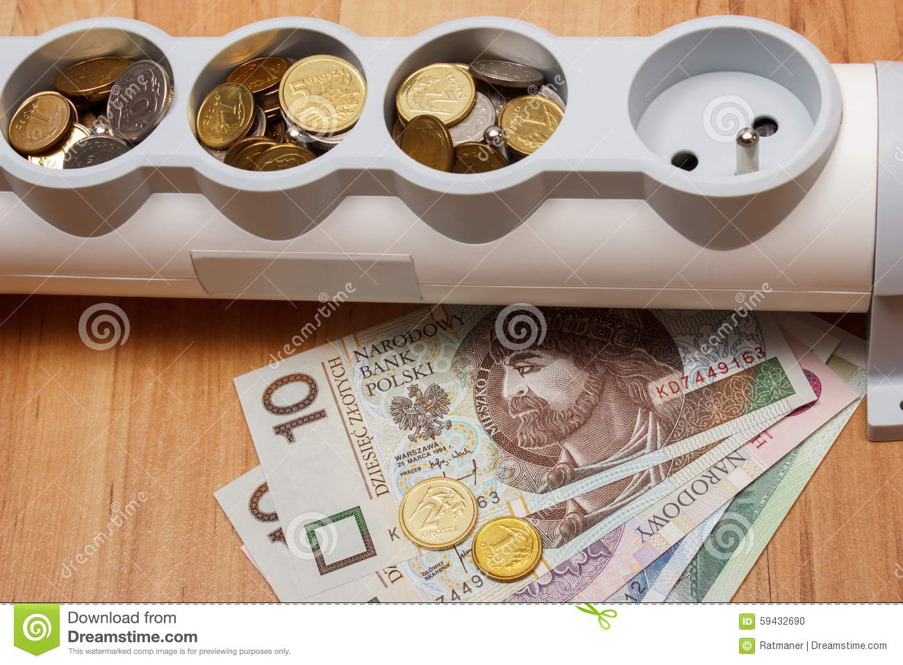 Electrical Power Strip And Polish Currency On Wooden Floor Power    