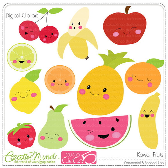 Kawaii Fruits Clipart Digital   Creative Mundi Scrapbook   Elo7