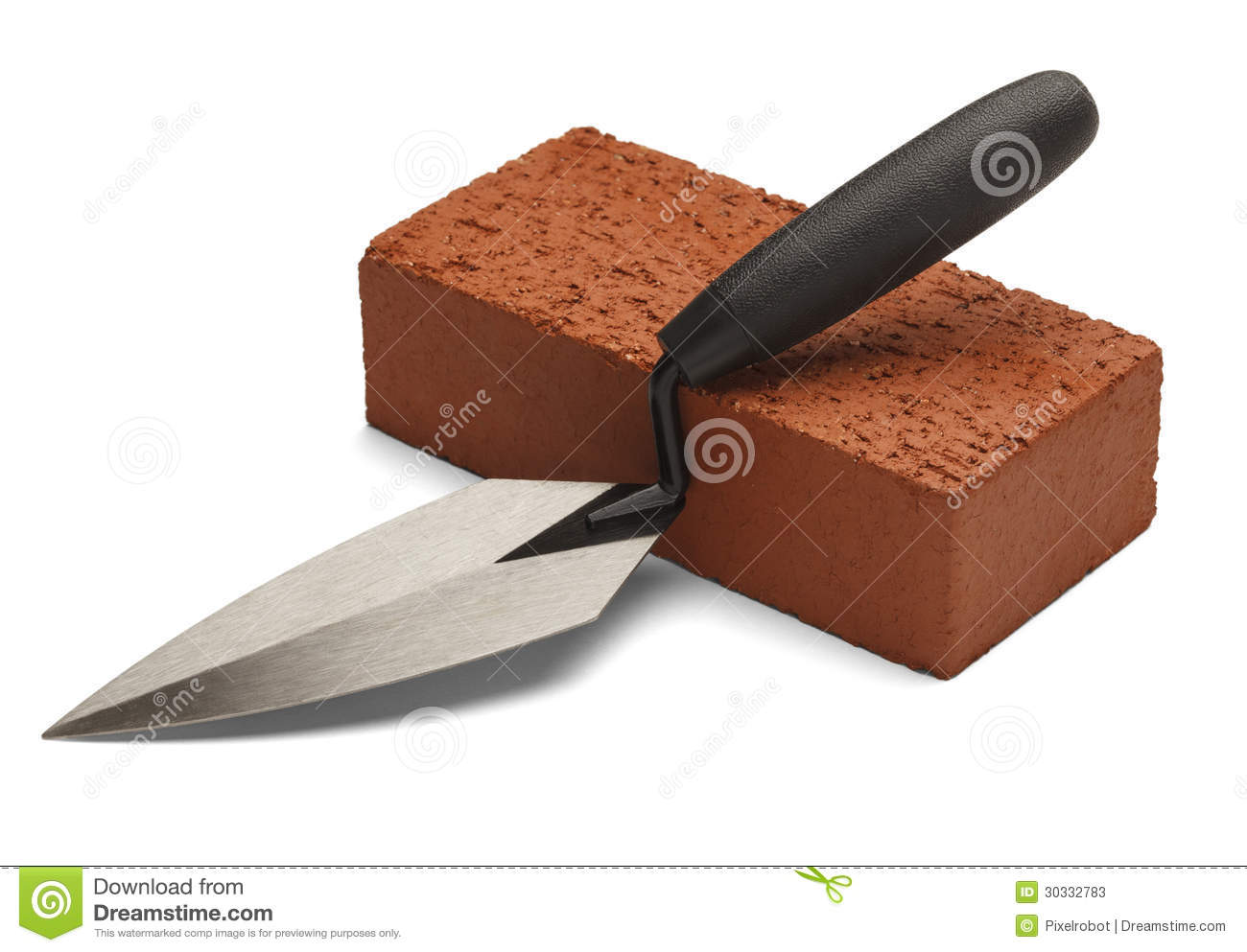Single Red Brick With Trowel On White Background