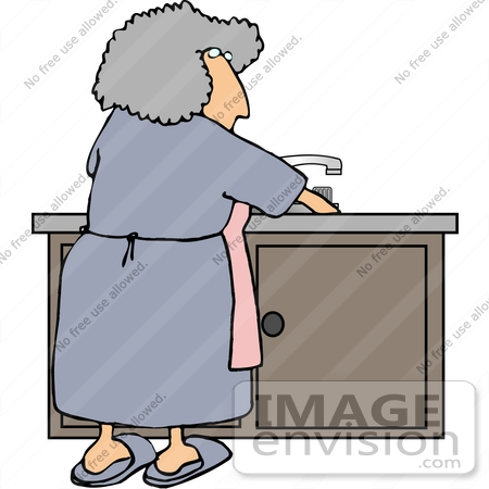 Clipart Of A Gray Haired Senior Woman Doing Chores Standing At A Sink