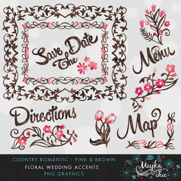 Country Romantic Florals Clip Art Pink Brown 02