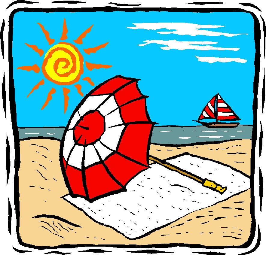 Bright Shinny Sun Colorful Sail Boat And Beach Umbrella By A Beach