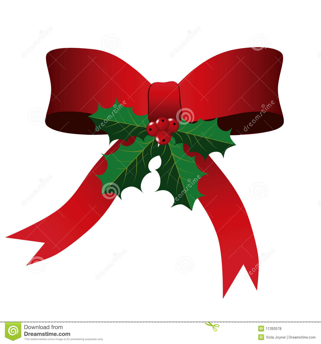 Red Bow With Green Holly Leaves And Berries Against A White Background