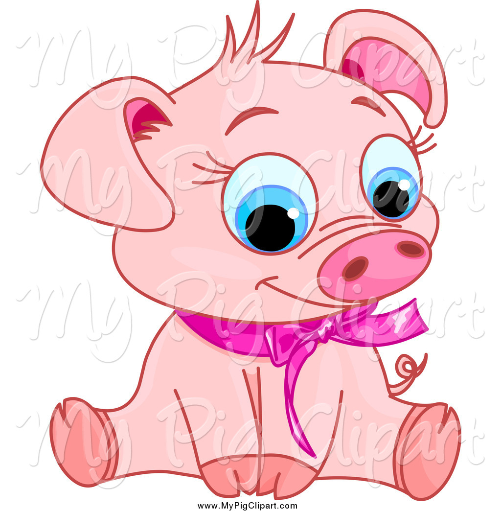 Swine Clipart Of A Cute Sitting Piglet Wearing A Pink Ribbon