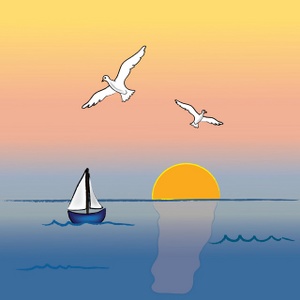 Ocean Sunset Clipart Image  Ocean Sunset With Sailboat And Seagulls As