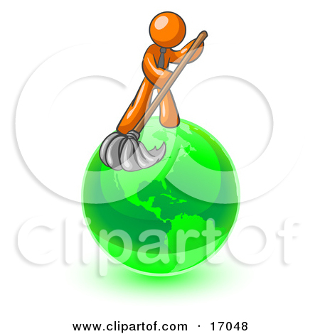 Orange Man Using A Wet Mop With Green Cleaning Products To C