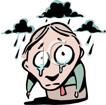 Cartoon Of A Gloomy Guy Standing In The Rain With Tears On His Face