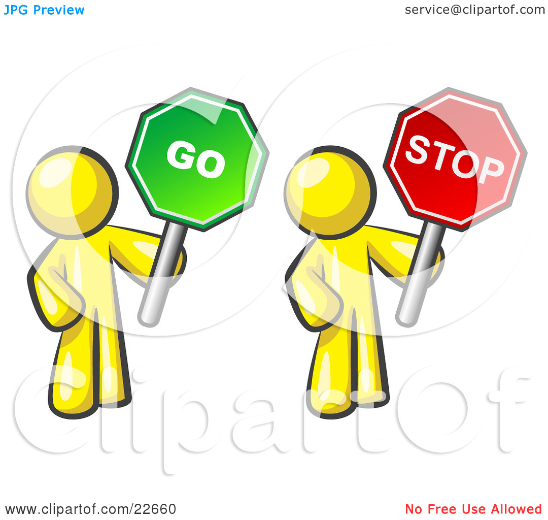 Clipart Illustration Of Yellow Men Holding Red And Green Stop And Go