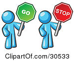 Illustration Of Light Blue Men Holding Red And Green Stop And Go Signs