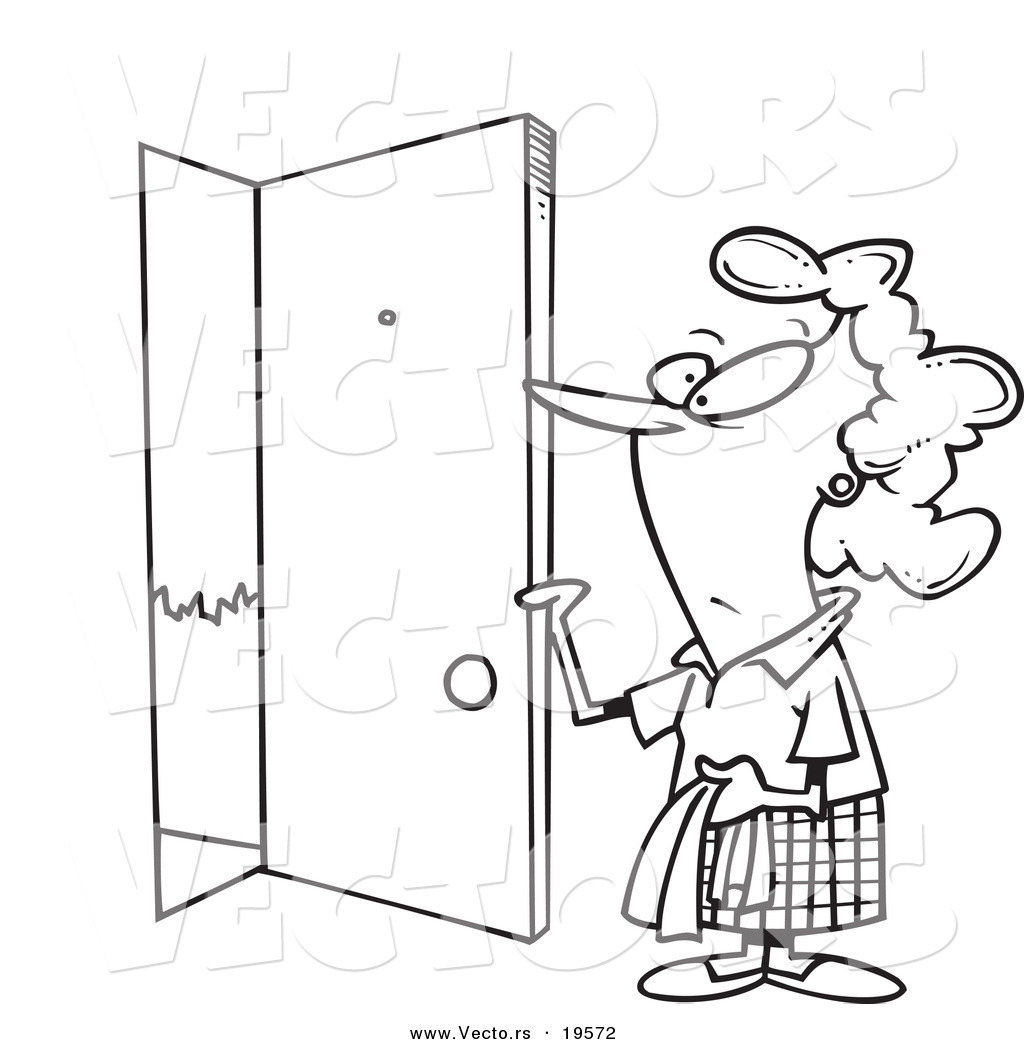 Vector Of A Cartoon Woman Opening A Door   Outlined Coloring Page By