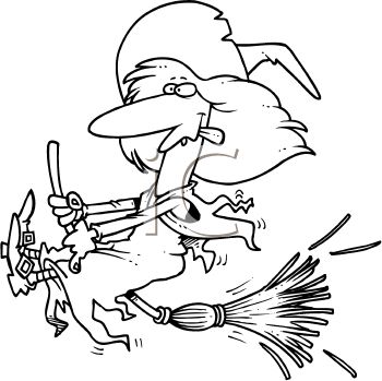 Black And White Cartoon Of A Silly Witch On Her Broom   Royalty Free