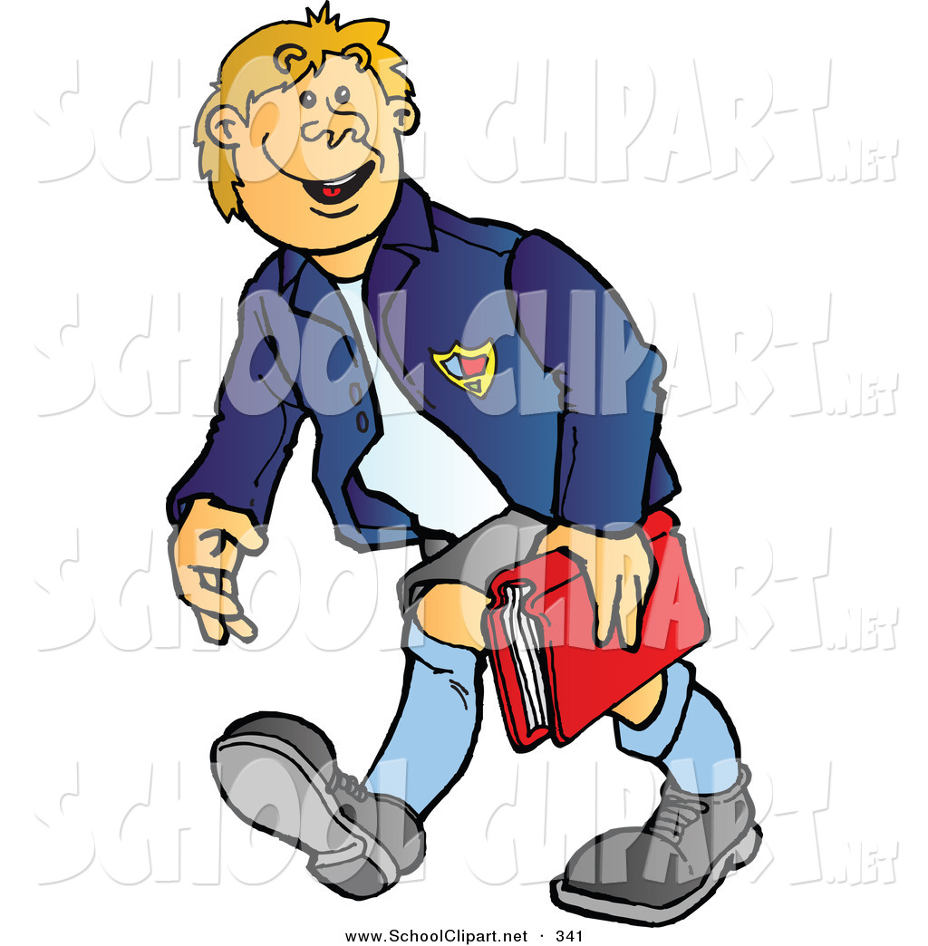 Clip Art Of A Happy High School Boy Walking And Carrying A Book By