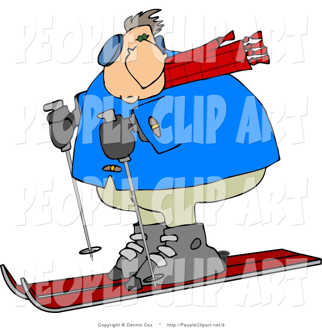 Clip Art Of A Overweight Man In A Blue Snow Coat Skiing Down A Winter