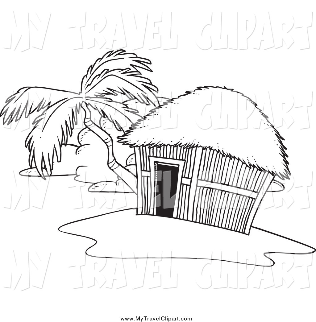 Clipart Of A Black And White Tropical Hut On An Island By Ron Leishman